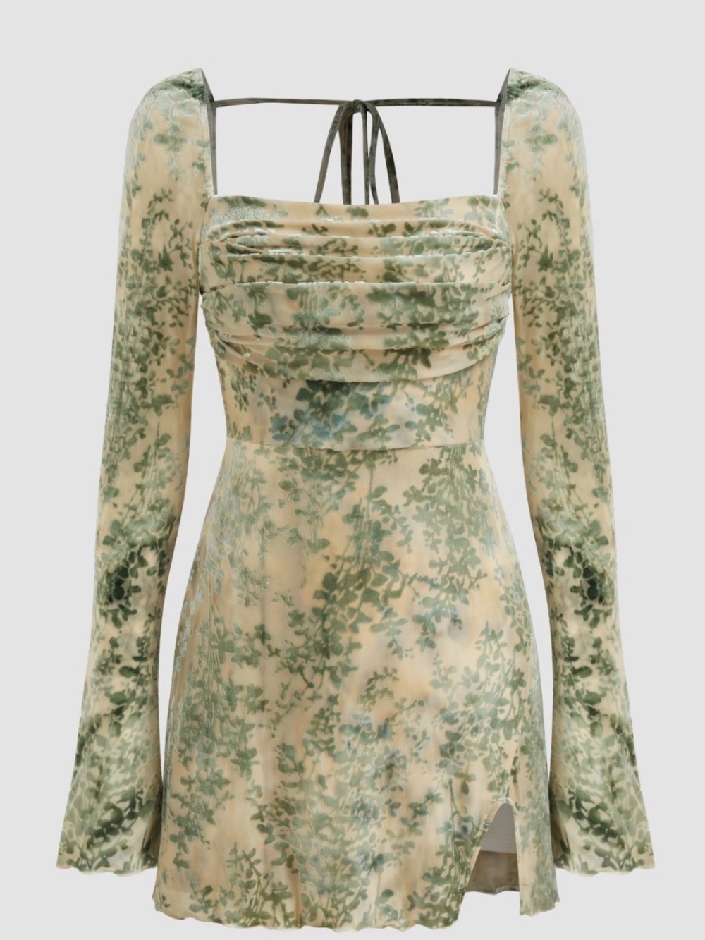 Cider Cream and Green Floral Long-Sleeve Mini Dress